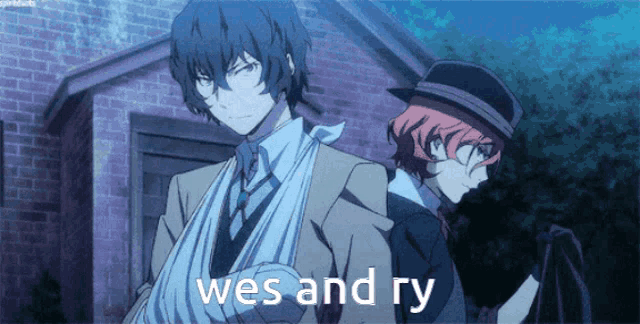 a man with a bandage on his arm is standing next to another man with the words wes and ry written on the bottom