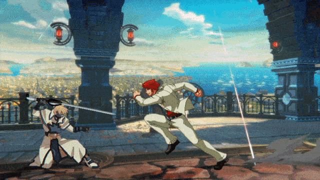 a man in a white suit is running with a sword in his hand