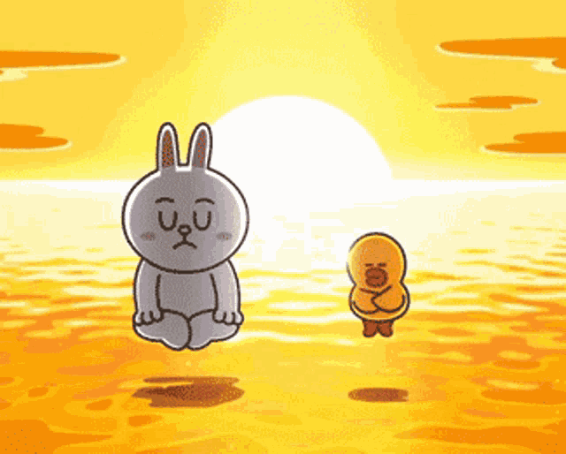 a cartoon of a rabbit and a duck on a beach