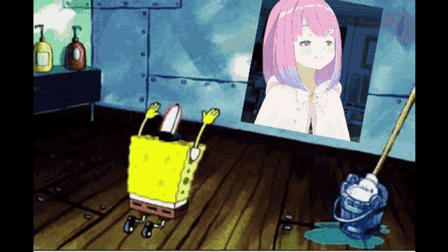 a cartoon of spongebob cleaning the floor with a picture of a girl on the wall behind him