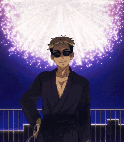 a man in a robe and sunglasses stands in front of fireworks