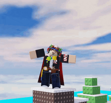 a roblox character is standing on top of a building wearing a cape