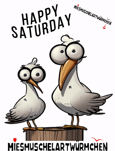 two seagulls are standing on a wooden block with the words happy saturday on the bottom