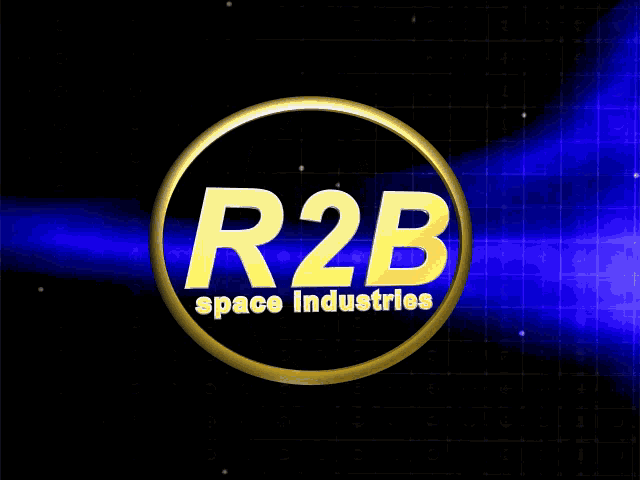 a logo for r2b space industries is shown on a blue background