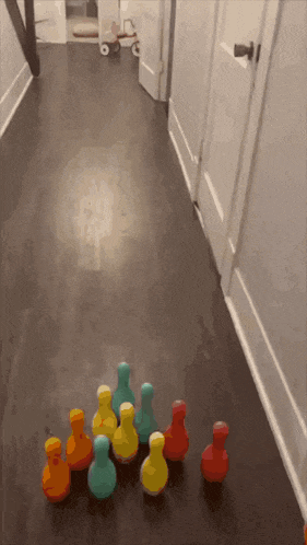 a bunch of bowling pins are lined up on the floor in a hallway