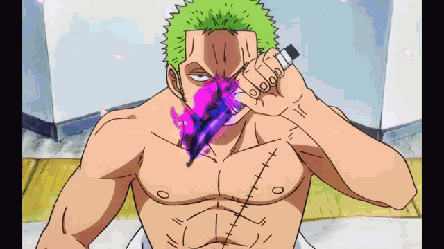 a shirtless anime character with green hair is holding a purple object in his mouth