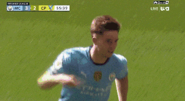 a man in a blue shirt is celebrating a goal in a soccer game