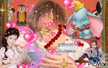 a picture of a girl surrounded by hearts and dumbo