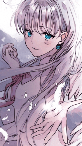 a girl with white hair and blue eyes is holding a white feather