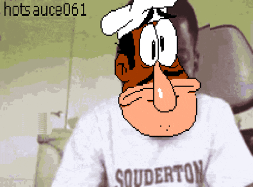 a cartoon character wearing a shirt that says souderton on it