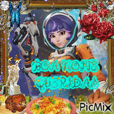 a picture of a girl in a space suit is surrounded by food and flowers and says picmix