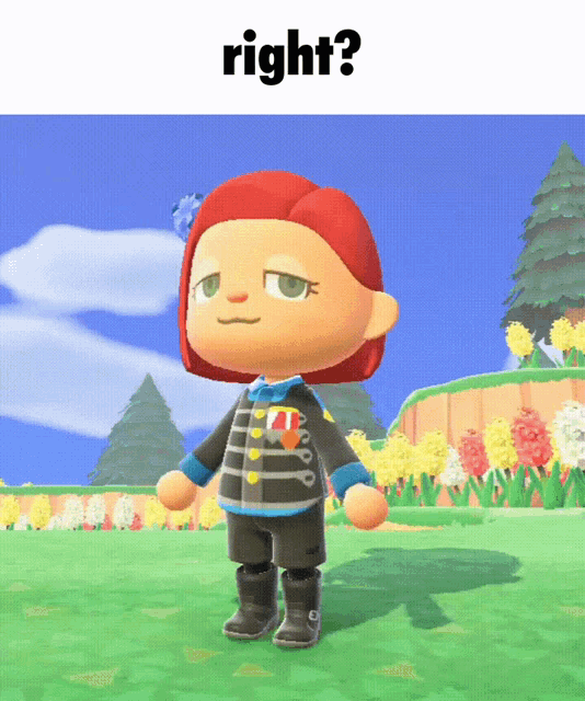 a cartoon character with red hair is standing in a field with the words right behind him