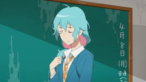 a girl with blue hair is standing in front of a blackboard that says 4 8
