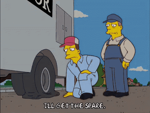 a cartoon character says " i 'll get the spare " in front of a truck