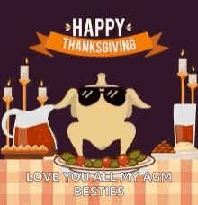 a turkey wearing sunglasses is sitting at a table with a plate of food and candles .