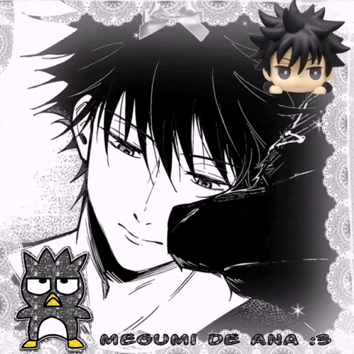 a black and white drawing of a boy with the name megumi de ana