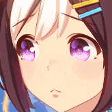 a close up of a anime character with purple eyes