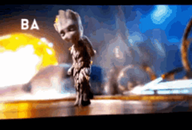 a cartoon character is standing in front of an explosion with the letters ba on the bottom right