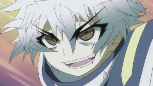 a close up of a cartoon character with white hair and brown eyes