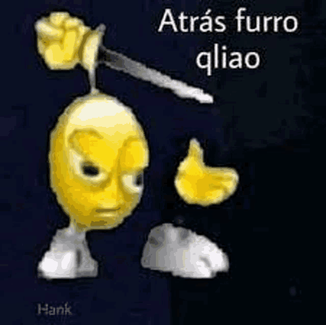 a yellow smiley face is holding a knife in its hand .