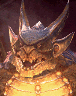 a close up of a monster with horns and a purple background