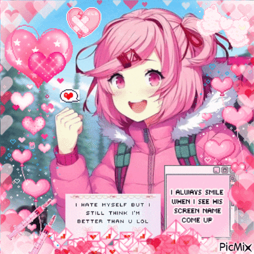 a girl with pink hair is surrounded by pink hearts