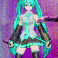 a pixelated image of hatsune miku standing in front of a purple background