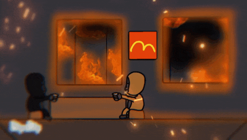 a cartoon of a man sitting in front of a mcdonald 's window
