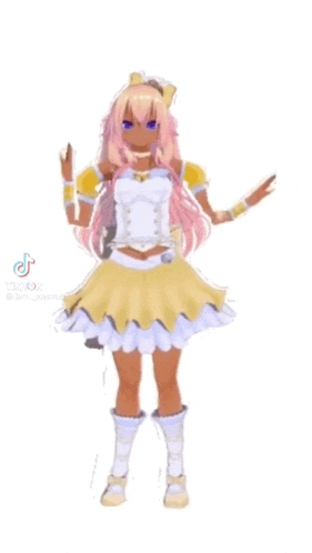 a girl in a yellow and white dress is dancing with her arms in the air .