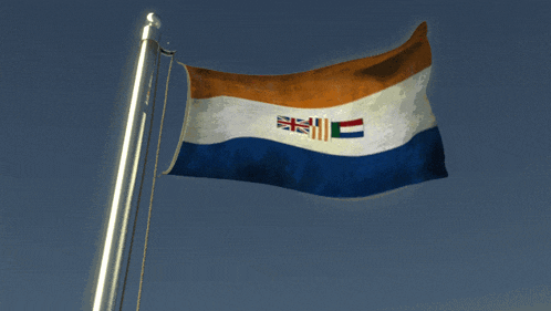 an orange white and blue flag with a british flag and a french flag on it