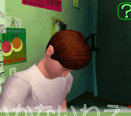 a man in a white shirt stands in a room with posters on the wall including one that says rumorpo