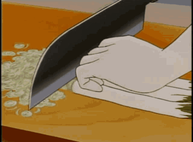 a cartoon drawing of a person cutting vegetables with a large knife