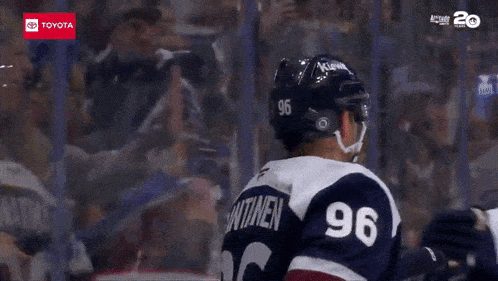 a hockey player wearing a number 6 jersey stands on the ice