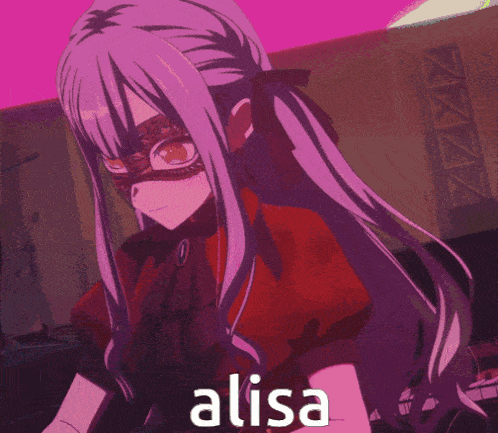 a girl with long purple hair is wearing a mask and the word alisa is above her head