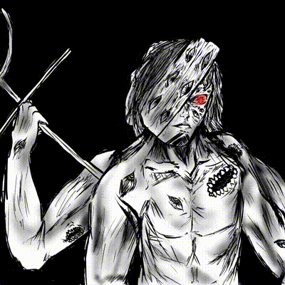 a black and white drawing of a man with red eyes holding a spear