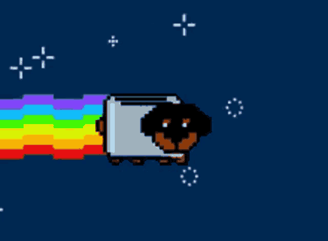 a pixel art drawing of a dog flying through the air