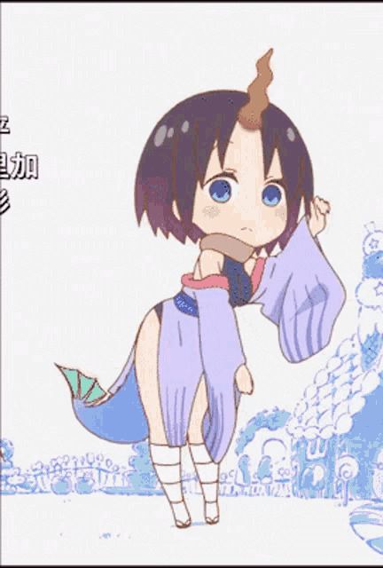 a little girl with a horn on her head is standing in front of a waterfall .