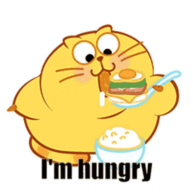 a cartoon cat is eating a hamburger with a spoon and the words " i 'm hungry " below it