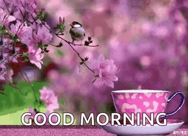 a bird is sitting on a branch next to a cup of coffee and flowers .