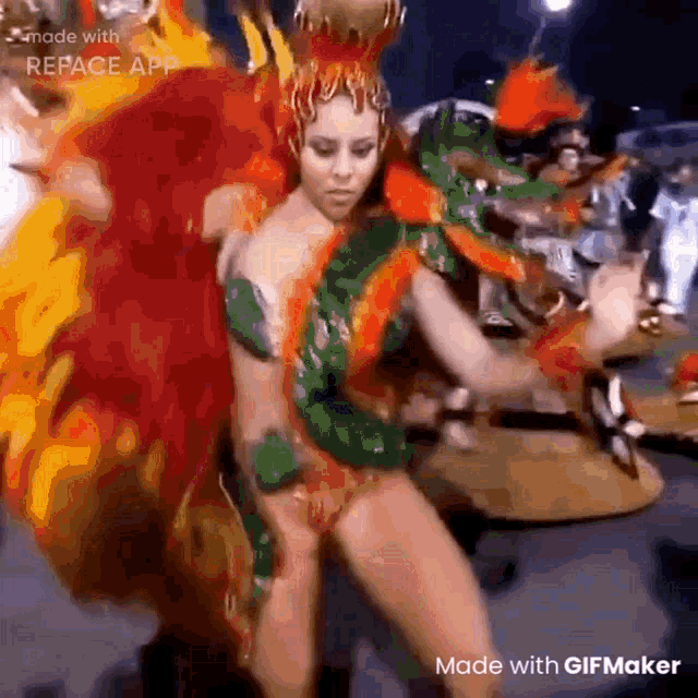a woman in a colorful dress is dancing in a carnival parade .
