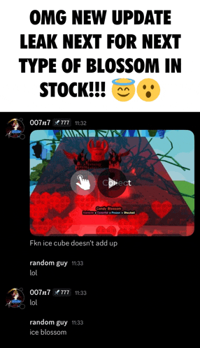 a screenshot of a game with the words omg new update leak next for next type of blossom in stock