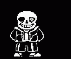 a pixel art of a skeleton giving a thumbs up on a black background .