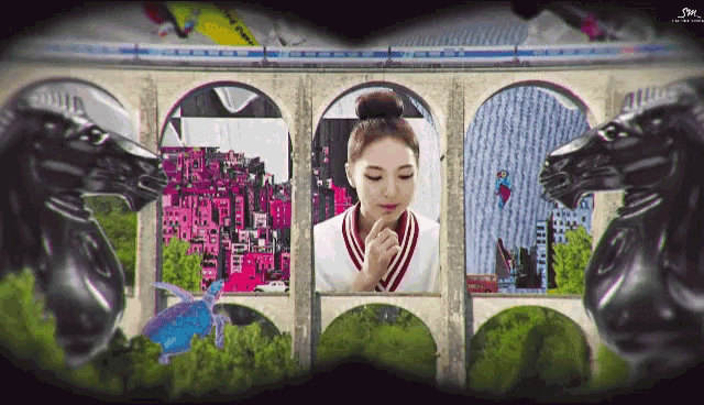 a woman in a bun is looking through binoculars at a bridge surrounded by statues of horses