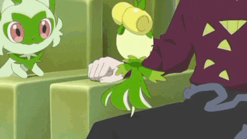 a person is petting a green and white pokemon while sitting on a bench .