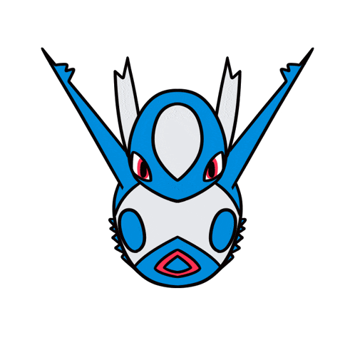 a blue and white cartoon bird with red eyes