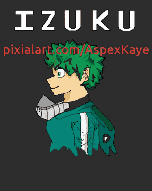 a pixel art of izuku midoriya from my hero academia on a black background