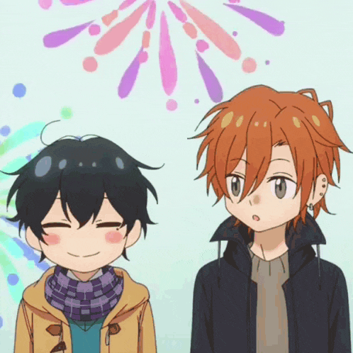 two anime characters standing next to each other in front of fireworks