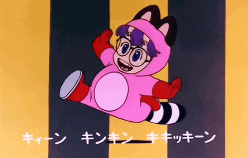 a cartoon character in a pink raccoon costume is flying through the air