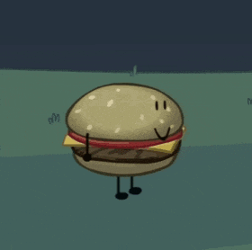 a cartoon drawing of a hamburger with arms and legs holding a piece of cheese