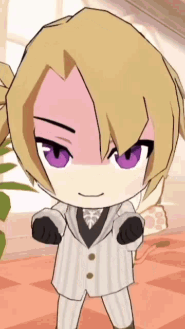 a cartoon character with blonde hair and purple eyes is wearing a suit